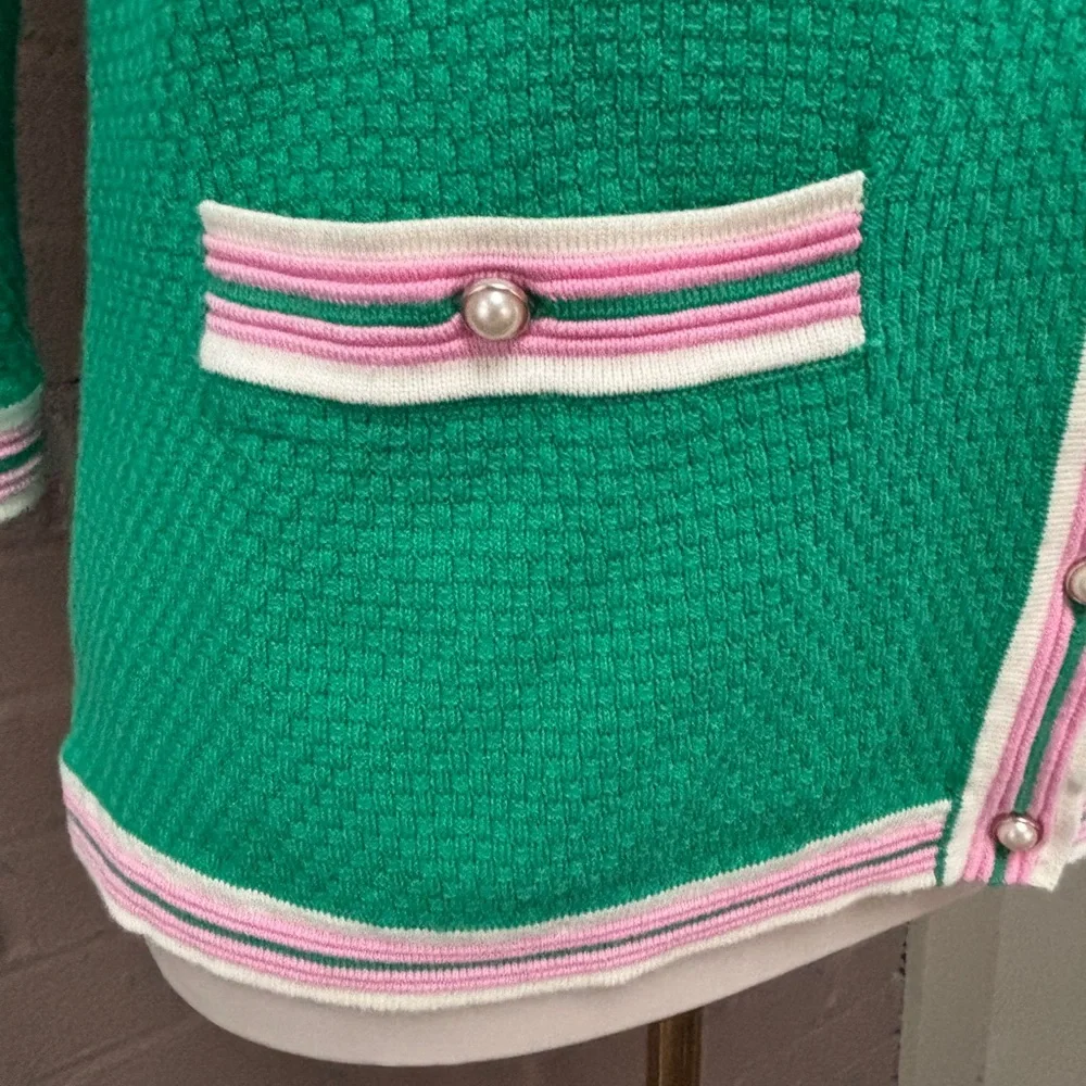 Talbots Green Cardigan with Pink and White Trim XS